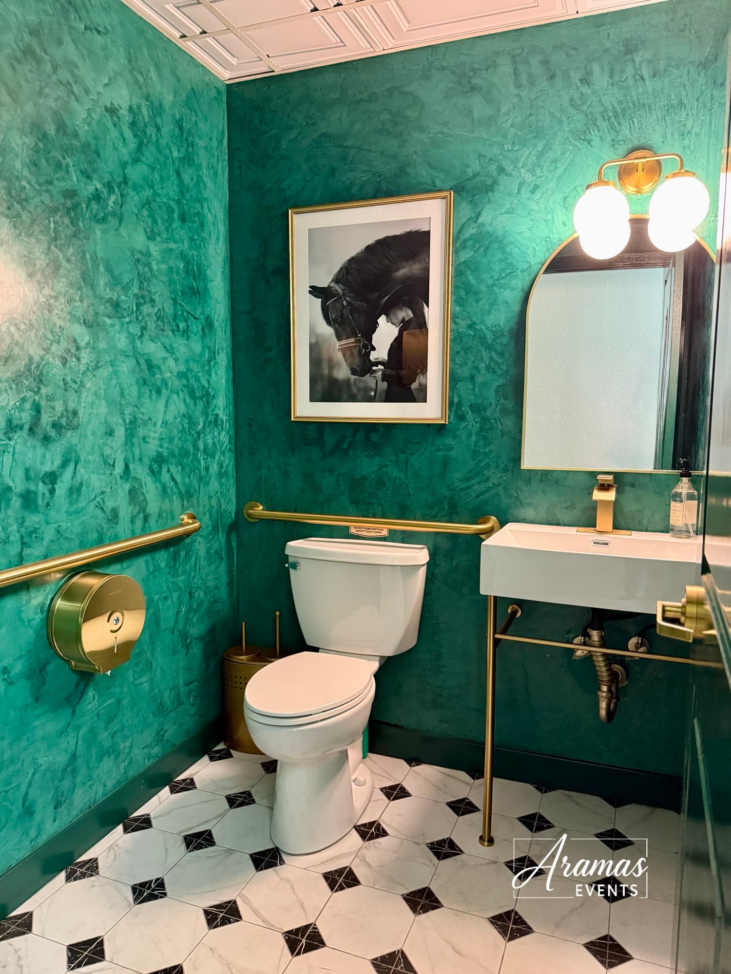 Custom green and gold bathroom at Aramas Events venue