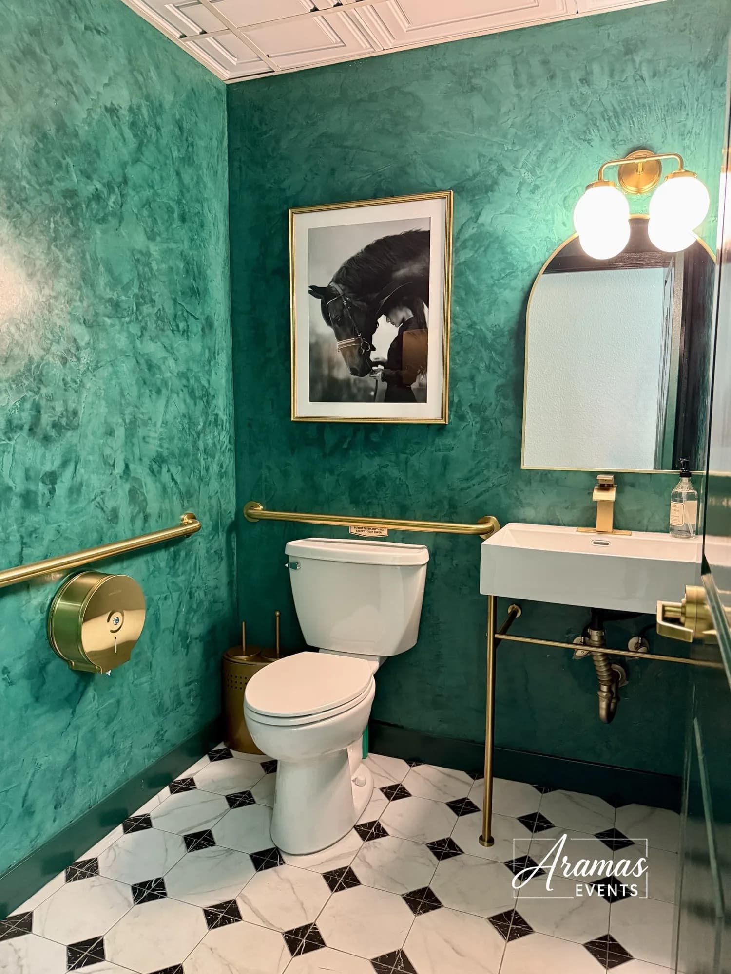 Custom green and gold bathroom at Aramas Events venue